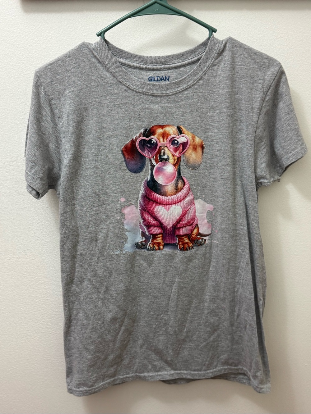 Gildan Gray Tee with Pink-Sweater Dachshund Graphic size small